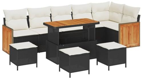 vidaXL 10-teiliges Garten-Sofa-Set mit Kissen aus schwarzem Polyrattan und Akazienholz – Bequeme Sitzgelegenheiten und Stauraum für Terrasse, Balkon, Lounge und Deck