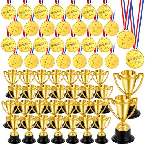 LZMDISU Mini Trophies & Medals Bulk for Kids - Gold Award Cups & Sports Medals Set - Lightweight Plastic Prize Trophies for Tournament, Classroom Rewards, Fun Run Race, Party Favors, Fantasy Football