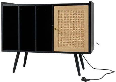 GOPLUS Meuble Platine Vinyle avec Station de Recharge, Support Disques Vinyles avec Armoire à Porte Rotin, Présentoir Disques avec Étagère Réglable en Hauteur, pour Salon,80 x 40 x 64,5 CM (Noir)
