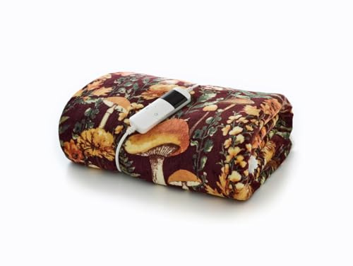 Mushroom Wine Heated Throw 140x180cm | Burgundy Electric Blanket with Autumn Botanical Print | Soft Flannel & Sherpa | Machine Washable Heated Throw | British Design