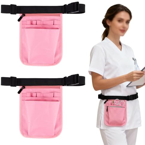 LOURCQVO 2 Pack Waitress Server Apron, Nurse Fanny Pack Utility Tool Belt with 10 Pockets, Adjustable Waist Pouch Bag for Waiter Bartender Carpenter Barber, Pink