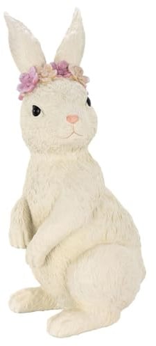 Große Osterhasen Figur 39 cm aus Kunststein in Beige mit Blumenkranz - stehendes Deko-Häschen für Frühling, Eingangsbereich, Fensterbank, Wohnzimmer und saisonale Arrangements