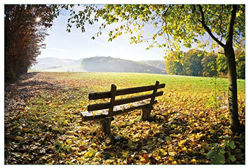 Wallario Küchenrückwand selbstklebend 90 x 60 cm, Motiv: Idyllische Holzbank in den Bergen | Spritzschutz abwischbar & pflegeleicht