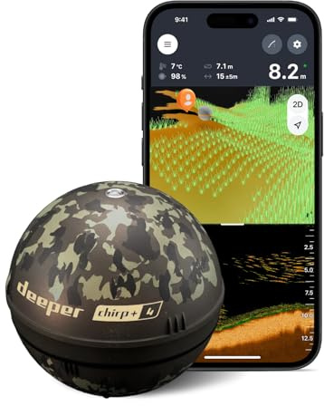 Deeper CHIRP+ 4 KI-gesteuerter wurffähiger Fischfinder mit GPS – Tragbarer Sonar für Boot, Eis & Uferangeln, 2D/3D Kartierung über App