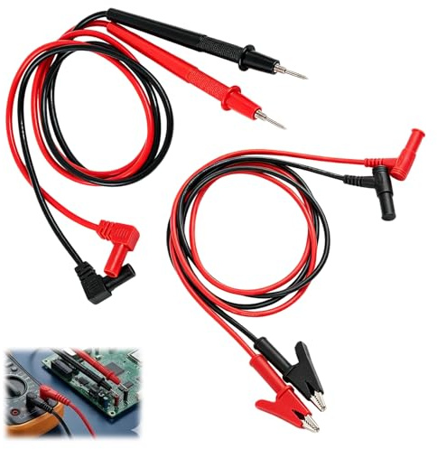 2PCS cables de prueba para multímetro, con conectores banana en ángulo recto y pinzas de cocodrilo aisladas 10A, Cables flexibles para pruebas eléctricas seguras (20A, 1000V) en hogar e industria