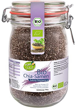 KOPP Vital® Bio Chia-Samen im Bügelglas 700 g - Bio-Qualität - ohne Gentechnik – Zusatzstofffrei - dekorativen Bügelglas - Premium Chia-Samen