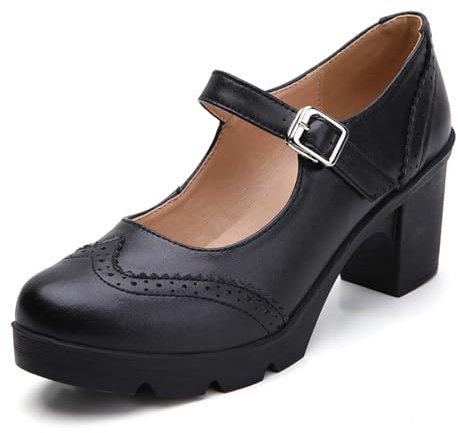 DADAWEN Women's Mid Block Heel Court Shoes Platform Mary Jane Pumps Dress Oxfords Shoe Black 6 UK
