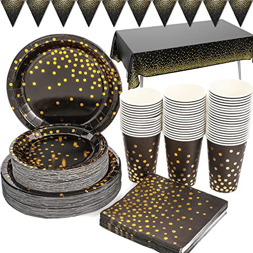 Platos Fiesta Oro Negro 99 Piezas Vajilla Papel Cumpleaños Incluye Platos, Servilletas, Vasos, Mantel, Banner, para Aniversario, Cumpleaños, Cóctel, Compromiso, Graduación (24 Invitados)