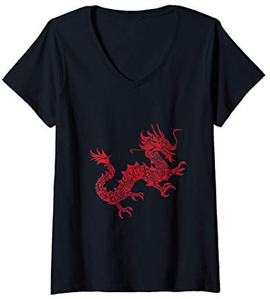 Femme Conception cool de dragon asiatique chinois Chinese Asian T-Shirt avec Col en V