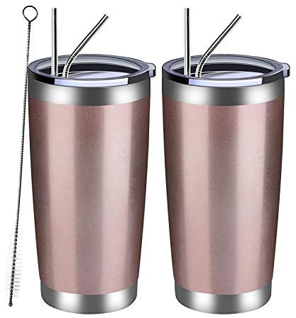 VETIN Lot de 2 gobelets avec paille - 20 oz / 568 ml - Gobelets isothermes en acier inoxydable à emporter - Anti-fuite - Avec 4 pailles - 2 brosses tubulaires - Or rose
