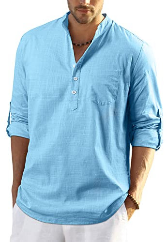 Enlision Mens Casual Linen Beach Shirt Long Sleeve Solid Button-Down Henley Shirt Roll Up SkyBlue Henley Tops L