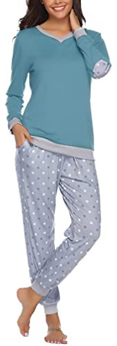 Irdcomps Pigiama Donna Cotone Invernale Pigiami Due Pezzi da Donna Inverno Lungo Set Pigiama da Notte Leggero Sleepwear e Négligé Blu Verde1 M