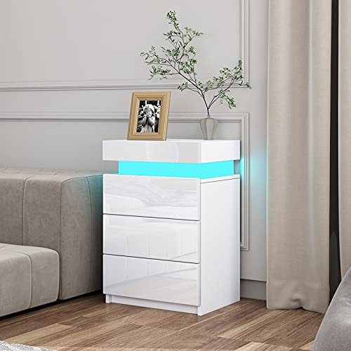 Moderner Nachttisch mit LED Beleuchtung Nachtschrank Hochglanz Nachtkommode mit 3 Schubladen & Flip Cover für Wohnzimmer Schlafzimmer Weiß