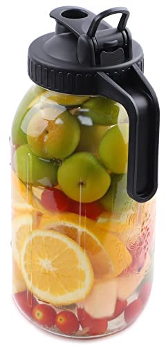 Mason Jar Pitcher 64 OZ Wide Mouth Jars With Pour Spout Lids Airtight Leak-proof 2 Quart Glass Pitcher With Handle For Iced Tea, Milk, Sun Tea, Lemonade,Iced Coffee