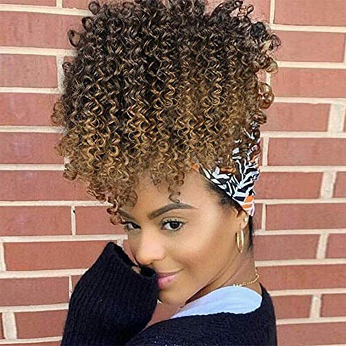 Afro Kinky Ponytail Extension mit Kordelzug Lockige Clip in Pferdeschwanz Zopf Synthetische Kunsthaar Haarteil Haarverlängerunge für Damen Fraun Ombre Blond 25cm 1B/27 009T