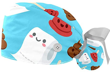 Unisex 2 Stück Bouffant Scrub Hüte Frauen mit Knöpfen Scrub Caps für Frauen Männer, Lustiges Cartoon Toilette Kotpapier, Mehrfarbig1, Einheitsgröße