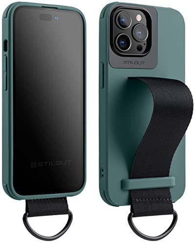STILGUT Case Compatible with iPhone 14 Pro Max (6.7 inches), Mobile Phone Case with Finger Holder, TPU Case with Nylon Hand Strap, Cover with Strap, Green