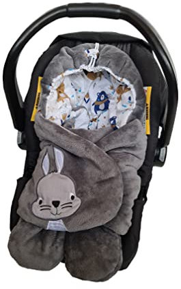 Izabell Baby Winter-Einschlagdecke, Universal für Babyschale, Autositz, z.B. für Maxi-Cosi, Römer, für Kinderwagen, Buggy oder Babybett, Winter Babydecke, für Babys 0-12 Monate (Graue Hase)