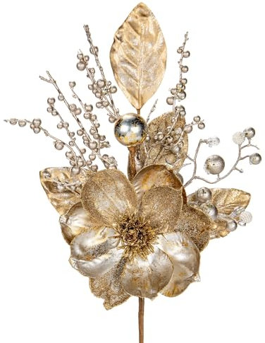 2 ramos de flores grandes de Navidad de 18 pulgadas con purpurina, arreglos florales de magolia artificial dorada con bayas realistas, hojas y bolas para decoración de árboles, decoración del hogar,