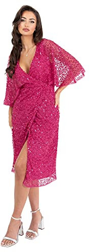 Maya Deluxe Womens Midi Ladies Sequin Embellished Cape Sleeve Wrap Dress for Wedding Guest Bridesmaid Cocktail Prom Evening Vestido, Fuchsia, 56 para Mujer