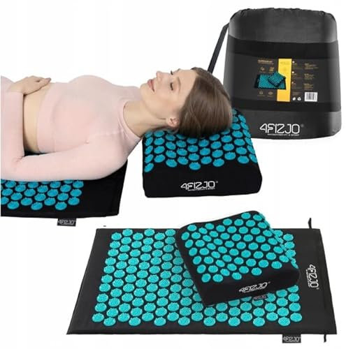 4FIZJO ERGO Akupressurmatte mit Kissen, Akupressur-Set, Noppenmatte, Massagematte, lindert Verspannungen und Rückenschmerzen, 72 x 42 x 2 cm (Blau-Schwarz)