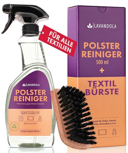 LAVANDOLA® Polsterreiniger mit Bürste - Hochkonzentriert gegen Flecken & Gerüche - für Sofa, Autositze uvm. - 500ml Polsterreiniger Sofa, Polsterreiniger Auto, Autositz Reiniger