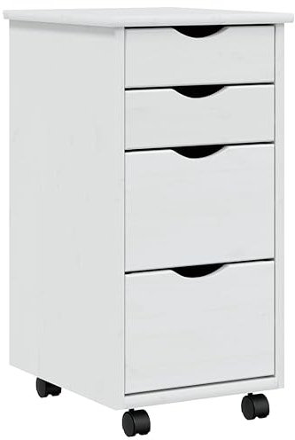 vidaXL Rollschrank, Rollcontainer mit 4 Schubladen, Kommode Schubladenschrank mit Rollen, Büroschrank Aktenschrank Rollwagen, Weiß Massivholz Kiefer