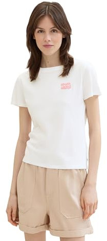 TOM TAILOR Denim Damen Basic T-Shirt mit kleinem Print, White, M
