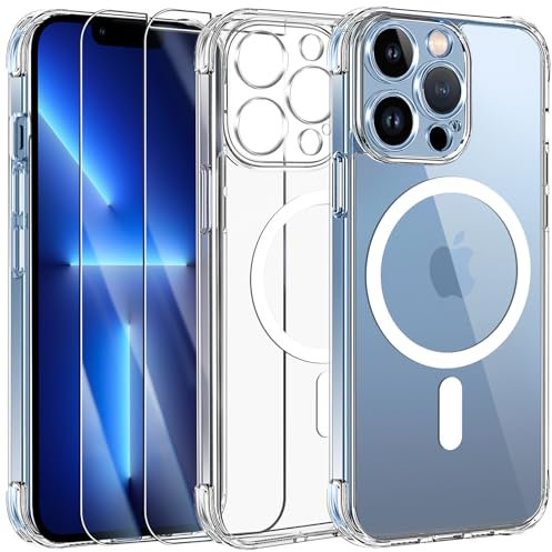 Qasyfanc Coque Magnétique Compatible avec iPhone 13 Pro Max et Protection Caméra, Coque iPhone 13 Pro Max Mince et 2 Pièces Verre Trempé [Protection Militaire] Antichoc Dos Anti Rayures, Transparent