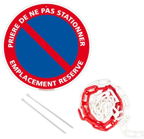 Signalétique.biz France - panneau rond en aluminium 300mm - prière de ne pas stationner Emplacement réservé, avec chaîne plastique rouge et blanche 5m + colliers de serrage.