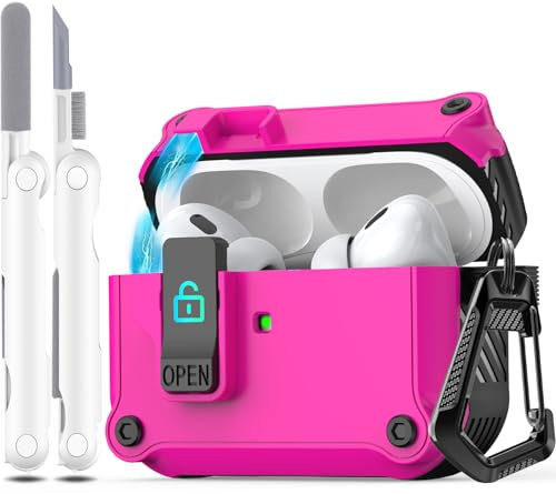 R-fun kompatibel mit AirPods Pro 2 Hülle (Auto Pop-Up-Deckel) mit Reinigungsset, kompatibel mit Airpods Pro 2./1. Gen(2023/2022/2019), für Airpods Pro Hülle (USB-C/Lightning-Kabel),Schwarz/Rosa