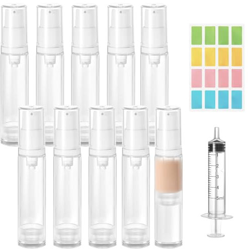 Furuising 10Pcs 10ml Airless Pump Bottle, Mini Empty Travel Pump Bottles, Refillable Clear Lotion Pump Containers with 5ml Syringe and Stickers for Foundation, Essence, Cream, Toiletries