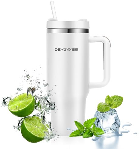 DSYZWEE 1200 ml Thermobecher, 40 oz Mit Strohhalm und Henkel, Doppelwandiger Edelstahl Vakuum Auslaufsicher Trinkbecher, Autobecher Tumbler Kaffeebecher Wei?