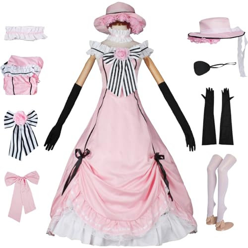bi bi hou Lady Ciel Cosplay Kostüm Set Rosa Lolita Kleid mit Hut Anime Kuroshitsuji Verkleidung Ciel Phantomhive Uniform Weihnachten Halloween Karneval Party Bühnenauftritt Kostüm