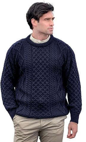 Aran Crafts Irish Soft Cable Knitted Crew Neck Unisex Sweater (100% Pure New Wool), Navy, XL