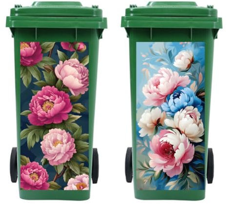 Peacoblue Wheelie Bin Stickers 2 Sheets Peonies and Leaves Sticky Dustbin Stickers, 38x82cm Waterproof Self Adhesive Large Decal for Bins, Driveway, Garden, Outdoor, Indoor Decoration