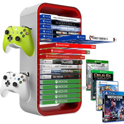 Niciksty Torre de Almacenamiento de Juegos para PS5/ Xbox Series S & X/Switch, Organizadores Universales de Discos de Videojuegos, Almacena 18 Juegos, con 4 Soportes de Controlador (Rojo)