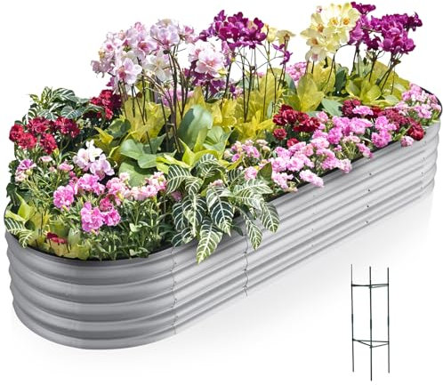 Warmiehomy 240x80x42cm Raised Garden Bed Kit, Metal Planter Box Outdoor with Reinforced Rods, Rounded Galvanised Bottomless Raised Beds for Vegetables, Garden, Flowers and Herbs, Silver