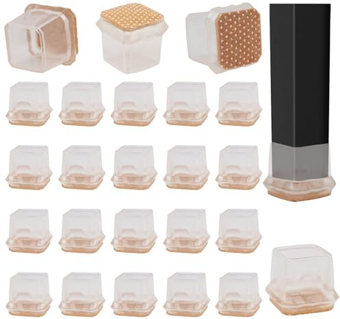 Vookkp 24 Pcs 30-38mm Chair Leg Floor Protectors Square Silicone Chair Leg Caps with Felt Pads Transparent Chair Leg Covers Floor Protectors for Hardwood Floors Chairs Prevent Scratches and Noise