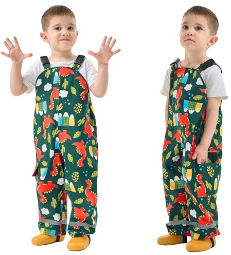 Baogaier Pantaloni Impermeabili Bambini, Salopette Impermeabile Pantalone Pioggia Leggero Riflettenti Non Imbottiti Antipioggia Ragazzi Outdoor Abbigliamento per 4 Anni, Dinosauro Verde
