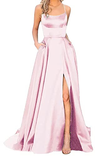 Robe de bal 2025 pour femme - Élégante - Dos nu - Robe longue - En satin - Spaghetti - Fente latérale - Pour mariage, soirée - Avec poches - Vêtements pastel, Rose, S