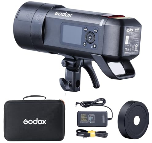 Godox AD400PROII Professionelle Studio-Blitzlicht mit Godox- und Bowens-Halterung, GN72, 400 W, 2,4 G, TTL, HHS 1/8000S, 5600 K ± 200 K, 21,6 V/2600 mAh, 0,01–1s, Recyclingzeit, 30 W Modellierlampe