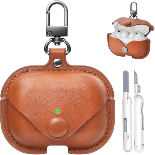 TNSNK Leather für AirPods Pro 3 Hülle (2025), Brown | Druckknopf, mit Schlüsselanhänger und Reinigungsstift, kompatibel mit kabellosem und kabelgebundenem Laden
