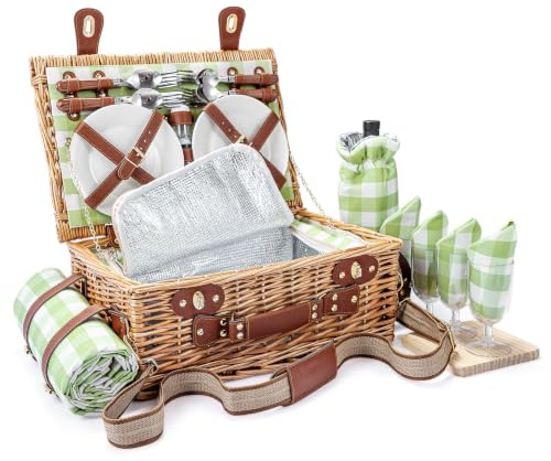 Wicker Picknickkorb Set für 4 Person mit Kühlfach und wasserdichte Picknickdecke, Abnehmbarer Riemen, Weinbeutel, Besteck Set, für Camping, Strand, Wandern, BBQ Familie/Paare Geschenke, Zubehör(Green)