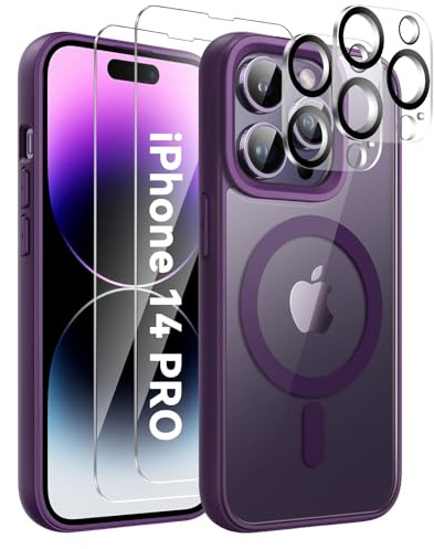 COPIKE Magnetisch für iPhone 14 Pro Hülle mit 2 Stück Schutzfolie und 2 Kameraschutz, Handyhülle iPhone 14 Pro MagSafe Translucent Dünn Stoßfest Anti-Fingerabdruck Rückseite Case, Matt Violett