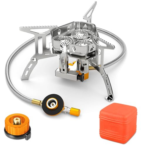 Awroutdoor Rechaud Camping Gaz, 5800W Portable Brûleur Camping Pliable avec Bouton d'Allumage, Poids Léger Tête Unique Coupe-vent Puissance de Feu Réglabl, pour Camping/Randonnée/Pique-Nique/Extérieur