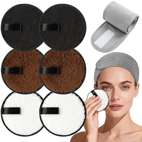 HOTUT 6 Pcs Coton Démaquillant Lavable, Serviettes Démaquillantes en Microfibres, BoufféEs Nettoyantes Double Face RéUtilisables, avec un Elastique à Cheveux, Pour Tous les Types de Peau