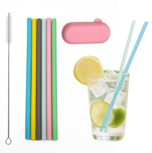 6 Pcs Bent Silicone Straws,Eco-Friendly Colourful Drinking Straw,24cmHeight | Food-Grade Silicone Reusable Straws with Cleaning Brushes and Storage Box,0.8cmDiameter,Portable,Perfect for Juice,Milk Tea