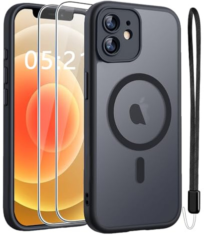 Handyhülle für iPhone 12 Hülle Kompatibel mit MagSafe mit 2 Stück 9H Panzer Schutz Glas, Vollständiger Kameraschutz, Eingebauter Magnetring, Matt Transluzent Schutzhülle für iPhone 12, Schwarz