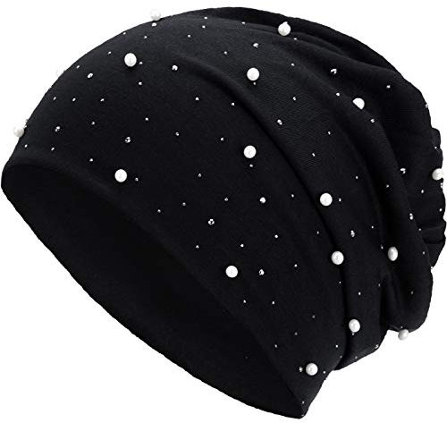 Compagno Slouch Beanie mit Perlen aus atmungsaktivem, feinem und leichten Jersey Unisex Damen Mütze Haube Boho Bini Mädchen Einheitsgröße, Farbe:Schwarz